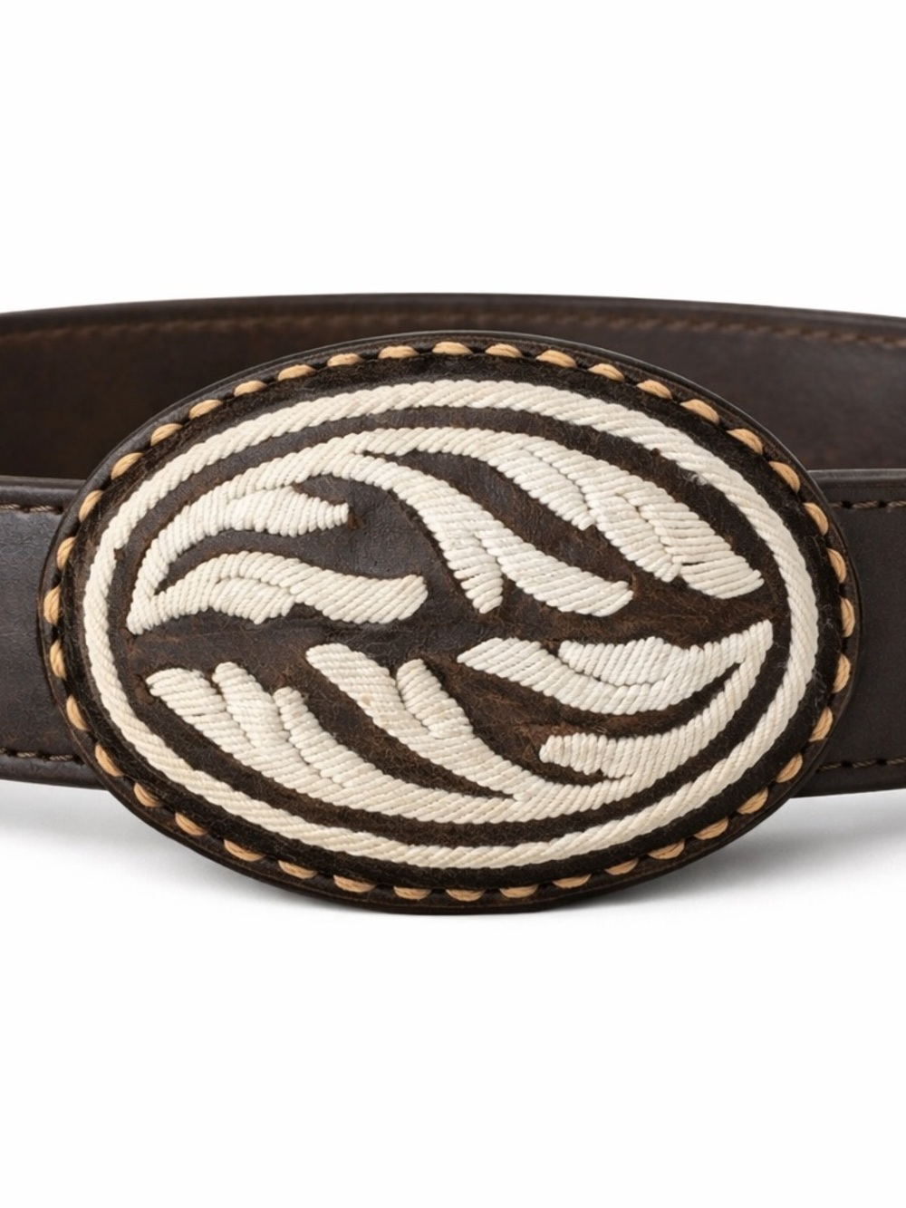 Vintage Brown & White Stitched Leather Buckle